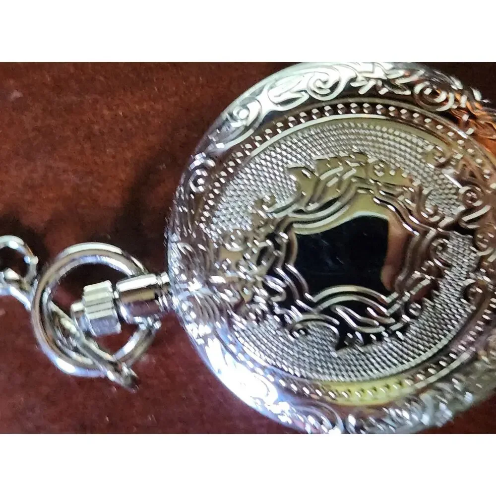 James Michael Skeleton Pocket Watch Silver Tone Open Face Quartz